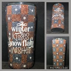 the winter kisses snowflake wishes tumbler is decorated with glitter and handwritten words