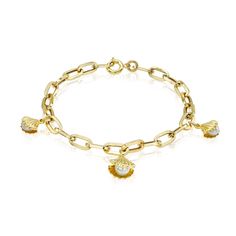 This 14 k gold bracelet comes with three open clam shell charms with a freshwater pearl inside. This is the perfect summer bracelet that pairs great with our other summer inspired pieces. 14k yellow gold 3 freshwater pearls 8 inches long Yellow Gold-plated Bracelet With Pearl Charm, Gold-plated Yellow Gold Bracelets With Pearl Charm, 14k Yellow Gold Pearl Bracelet With Charm, Summer Bracelets, Birthstone Bracelets, Birthstone Jewelry, Shop Earrings, Ring Sets, Anklets