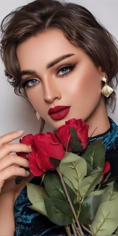 a woman with red lipstick holding a bouquet of roses