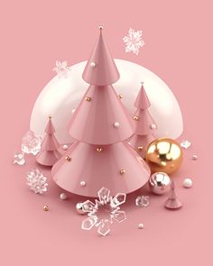 a pink christmas tree surrounded by ornaments and snowflakes on a pink background with gold accents