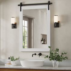 a bathroom with a sink, mirror and potted plants on the counter top in front of it