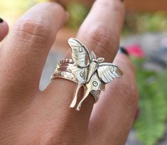 "Luna Moth Ring Set details: -Solid .925 sterling silver -Luna Moth measures approx. 25x25mm(wing span), Double Stacked ring band measures 3mm wide -1.2mm Beaded stack ring -3mm wide Boho Floral Pattern band -Comfortable and easily stackable! -Available in US sizes 1-11 with half sizes. *Single Luna Moth Ring shown here: https://www.etsy.com/listing/816428196/luna-moth-ring-moth-ring-sterling-silver?ref=shop_home_active_1&frs=1 Looking for a last minute or unique Christmas gift? Visit our \" Double Stacked Ring, Moth Ring, Moth Jewelry, Creative Engagement Rings, Birthday Luxury, Beaded Stacking Rings, Jewelry Butterfly, Glam Jewelry, Rustic Weddings