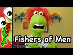 a green stuffed animal with red hair and the words fishers of men