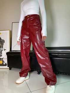 Women Straight Leg Leather Pants Size information: Red Leather Pants, Y2k Inspired Outfit, Women High Waist Pants, Leather Pants Women, Cute Crop Tops, Faux Leather Pants, Style Streetwear, High Waisted Trousers, Straight Pants