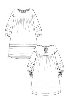 the front and back view of a dress with long sleeves