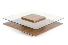 two square glass tables with wooden bases