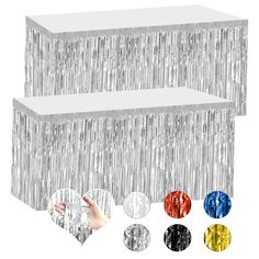 three tiered tinsel hanging decorations with different colors and designs on each shelf, one is