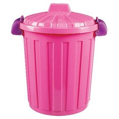 a pink plastic trash can on a white background