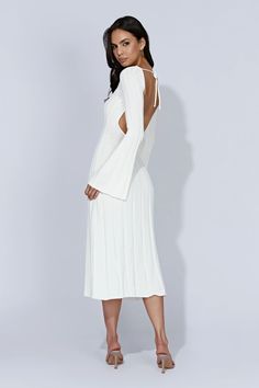 Juniper Flare Sleeve Knit Midi Dress - White - MESHKI U.S