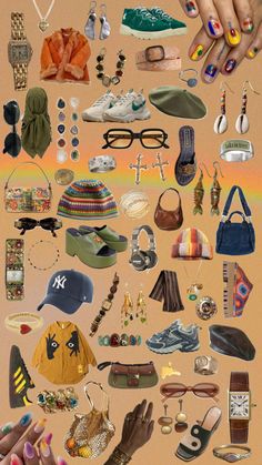 a collage of many different items including shoes, hats and bracelets on a beige background