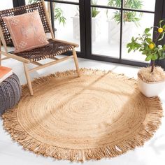 a living room area with a chair, rug and potted plant