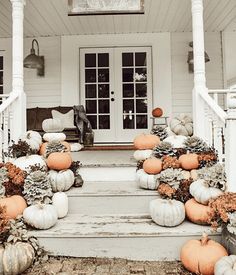 pumpkins and gourds are arranged on the front steps of a white house