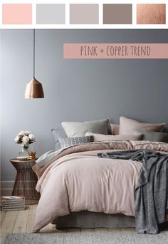 a bedroom with grey walls, pink bedding and white flooring is featured in the color palette n1