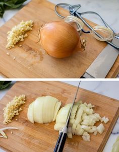 two pictures of onions being cut up on a cutting board and then chopped in half