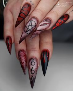 #nails #nailart Demon Acrylic Nails, Dark Red Spooky Nails, Demonic Nail Art, Nail Ideas Horror, Halloween Nails Red Black, Evil Nail Designs, Demon Nail Art, Goth Toe Nail Designs, Gore Halloween Nails