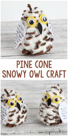 pine cone snow owl craft with text overlay that says pine cone snow owl craft