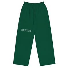 Get relaxed comfort with our wide-leg Pure Green Pants. Perfect for streetwear, yoga, or just lounging. Adjustable waist and stretchy fabric make them a must-have. Comes with 2 side pockets. Color Match - Perfect for all skin tones • Relaxed fit • Practical side pockets • Elastic waistband with a white drawstring • Can be worn on the waist or on the hips • Premium knit mid-weight jersey fabric • 95% polyester, 5% elastane (fabric composition may vary by 1%) • Fabric weight: 6.19 oz/yd2 (210 g/m2 Green Wide Leg Pants For Streetwear, Casual Green Moisture-wicking Sweatpants, Green Moisture-wicking Casual Sweatpants, Green Wide Leg Sweatpants For Streetwear, Green Straight Sweatpants For Streetwear, Green Full-length Sweatpants For Streetwear, Green Sweatpants For Streetwear, Green Straight-leg Sweatpants For Streetwear, Casual Green Pants For Gym