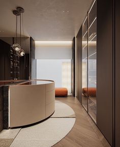 a bathroom with a circular bathtub next to a walk in closet