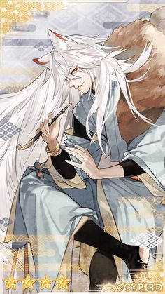 an anime character with long white hair holding a flute