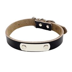 a black and white leather bracelet with two metal clasps on the front of it