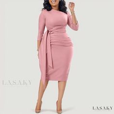 Lasaky - Stylish Knee-Length Pleated Dress with Mid-Sleeves and Tie Straps Pink Long Sleeve Dress For Office, Pink Long Sleeve Office Dress, Pink Long Sleeve Bodycon Dress For Work, Tie Belt Dress, Basic Skirt, Wrap Around Skirt, Wrap Midi Dress, Pleated Midi Dress, Types Of Skirts