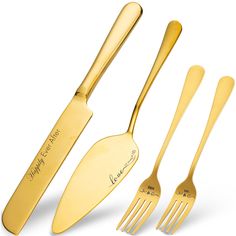 three gold colored utensils, one with a knife and fork on the side