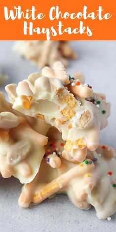 white chocolate haystacks with sprinkles on top and in the middle