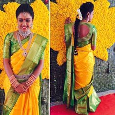 Kanjeevaram Sarees Wedding, Silk Saree Blouse Pattern, Bhargavi Kunam, Latest Silk Sarees, Wedding Yellow, Blue Silk Saree, Kanjeevaram Sarees, Blouses Designs, Pattu Saree Blouse Designs