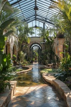 the inside of a tropical garden with water and palm trees