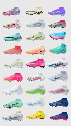 many different types of shoes are shown in this image, including one with the same color scheme