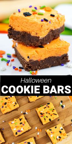 halloween cookie bars with sprinkles on top and in the background, there is a wooden cutting board