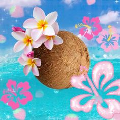 a coconut with flowers on it floating in the water next to a blue sky and clouds