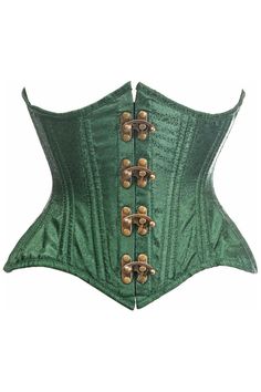 Under bust corset made of premium brocade fabric Premium front clasp closure 16 spiral steel bones and 4 static bones 100% Cotton Twill lining 6" Modesty panel Nickel brass grommets with laces at back Thick cording in the back for cinching Hand Wash Only Under Bust Corset, Green Corset, Modesty Panel, Striped Shoes, Elegant Moments, Light Up Shoes, Overbust Corset, Corsets And Bustiers, Underbust Corset