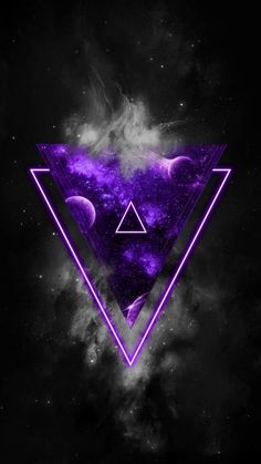 a purple triangle with planets in the background