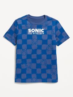 a blue t - shirt with sonic on the chest and checkerboard print in front