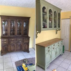 two pictures of an old china cabinet with glass doors and wood top in the middle