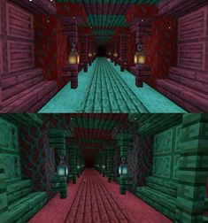 two screens showing the inside and outside of a minecraft server's room, one in red and one in green