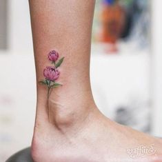 a small pink flower on the ankle is shown with green leaves and flowers around it