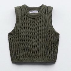 Zara Olive Green Knitted Top! Brand New With Tags Green Knitted Top For Winter, Casual Knitted Sweater Vest For Spring, Trendy Spring Sweater Vest In Pointelle Knit, Trendy Open Knit Sweater Vest For Spring, Spring Chunky Knit Sweater Vest, Chic Knitted Sweater Vest For Spring, Trendy Textured Knit Sweater Vest For Summer, Trendy Knitted Crew Neck Top, Pointelle Knit Sweater Vest For Spring