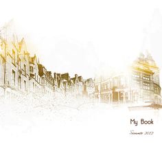 a cityscape with the words my book written in white and orange ink on it