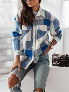 Women's Boyfriend Style Plaid Shacket Loose Brushed Wool Shirt Jacket Outerwear Streetwear Casual Patchwork Button-up Outerwear, Casual Single Breasted Tops For Fall, Casual Single-breasted Top For Fall, Trendy Collared Patchwork Outerwear, Trendy Button-up Patchwork Outerwear, Trendy Long Sleeve Shacket With Button Closure, Casual Button-up Patchwork Outerwear, Casual Plaid Patchwork Outerwear, Plaid Long Sleeve Shacket For Spring