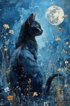 a painting of a black cat sitting in the grass with a full moon behind it