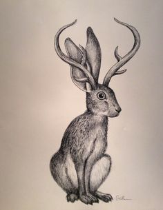 a drawing of a rabbit with antlers on it's head and ears, sitting down