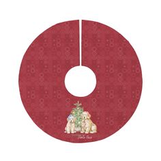 a red christmas tree skirt with two dogs on it