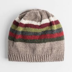 a knitted hat with multicolored stripes on the front and side, against a white background