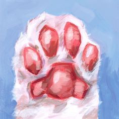 an animal's paw is painted in pastel on a blue and white background