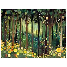 a painting of trees and flowers in the woods