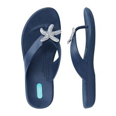 The Livie is not just another fish in the sea! Catch the nautical-inspired wave and enjoy the coastal features of a crystal-covered starfish on our most comfortable and supportive flip flop sandal. Soft, matte finish. Shape designed for a wide range of foot shapes. Straps that lie flat against your feet prevent chafing. Premium arch support and heel cup for stability and support. Soothing massage beads. Flexible shoe designed for all-day comfort. Shoe is 100% recyclable (plastic symbol #3) and m Buford Georgia, Comfortable Ballet Flats, Supportive Sandals, Fish In The Sea, Flexible Shoes, Comfort Shoe, Scrap Material, Take Two, Flip Flop