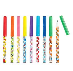 six different colored pens lined up next to each other with cartoon characters on the top