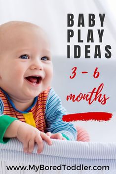 a baby sitting in a crib with the words baby play ideas 3 - 6 months